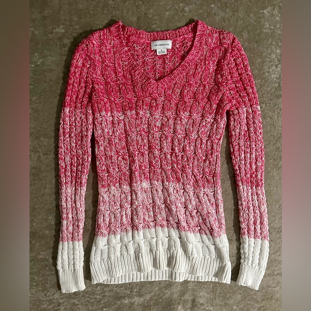 Y2K Era Liz Claiborne Pink and White V-Neck Cable Knit Sweater-Small